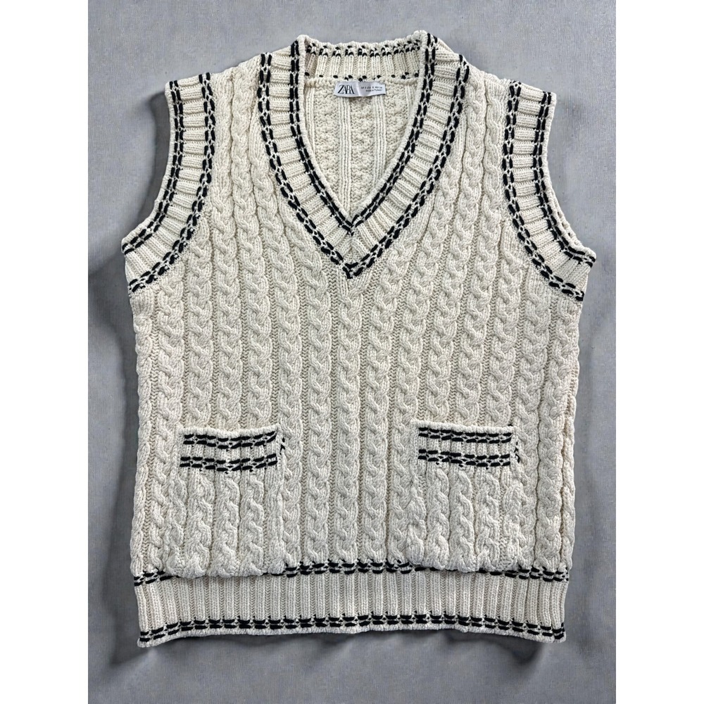 Zara 'Old Money'‎ Cable Knit Vest Contrast Stitching Size Small